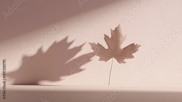 Fototapeta Single dried maple leaf casts a shadow on a pale pink background.