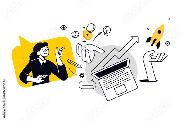 Fototapeta Startup. Vector illustration for web banner, social media banner, business presentation, marketing material.