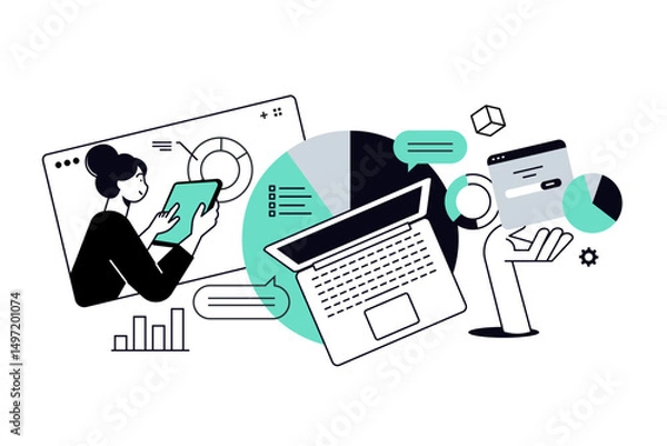 Fototapeta Market research and data analytics. Vector illustration for web banner, social media banner, business presentation, marketing material.