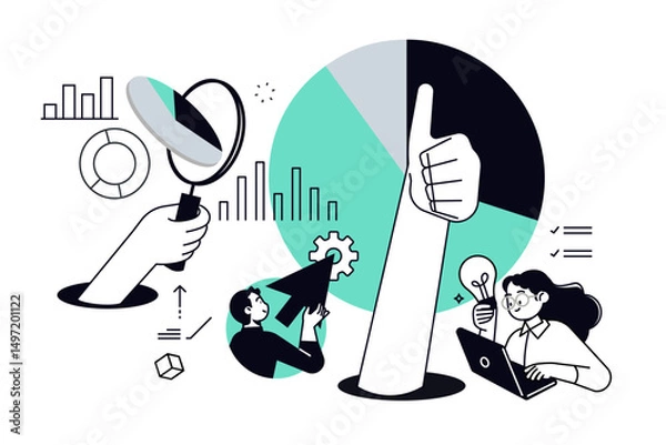 Fototapeta Market research and data analysis. Vector illustration for web banner, social media banner, business presentation, marketing material.