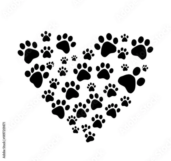 Fototapeta Love in Paw Prints: An illustration of a heart comprised of playful paw prints, a symbol of love, care, and the bond with adorable animals. Evoking warmth and affection for pets and nature alike.