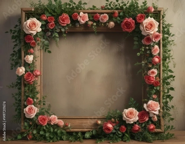 Obraz Rustic wooden frame, overflowing vintage artificial roses, lush greenery ,  aged, artificial flowers,  pastel