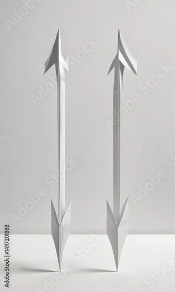 Obraz Two opposing paper arrows, stark white background  Visual contrast highlights a decision ,  illustration,  right