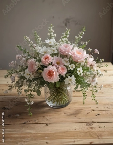 Obraz Delicate spring bouquet, soft light, rustic wood table,  pastel,  spring,  white