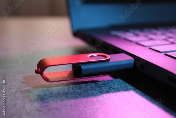 Fototapeta USB flash drive connected to laptop on dark grey table, closeup