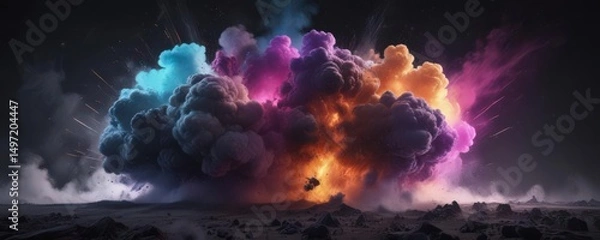 Obraz Multi-hued powder cloud explodes, leaving a striking dark void  ,  multicolored,  paint