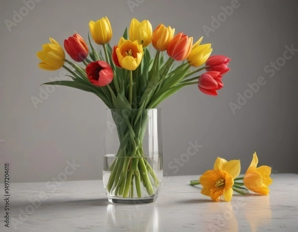 Obraz Vibrant tulips & daffodils in a sleek glass vase, minimalist setting ,  sunlight,  living room