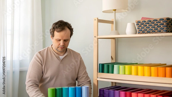 Fototapeta Autistic Adult Neurodivergent Sensory A man organizes colorful containers in a bright, cozy room with natural light.