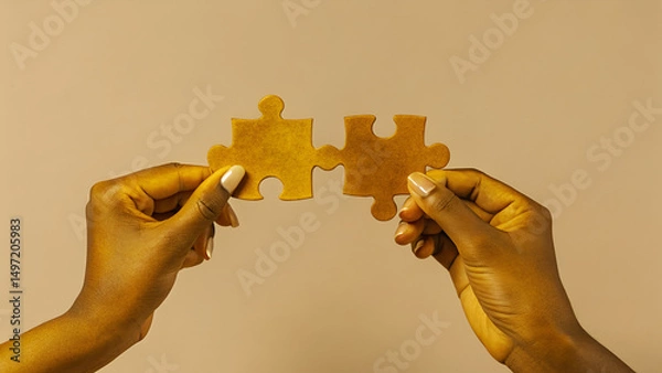 Fototapeta Autistic Adult Neurodivergent Sensory Hands holding two puzzle pieces against a warm background, symbolizing connection and problem-solving.