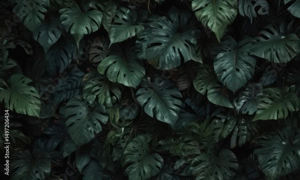Obraz Dark, lush tropical leaves overlap, creating a textured, elegant pattern , vibrant, mystery