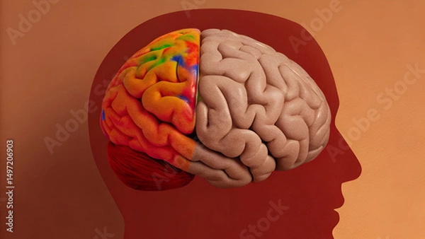 Fototapeta Autistic Adult Neurodivergent Sensory Illustration of a human head profile with a detailed view of the brain's structure and areas.