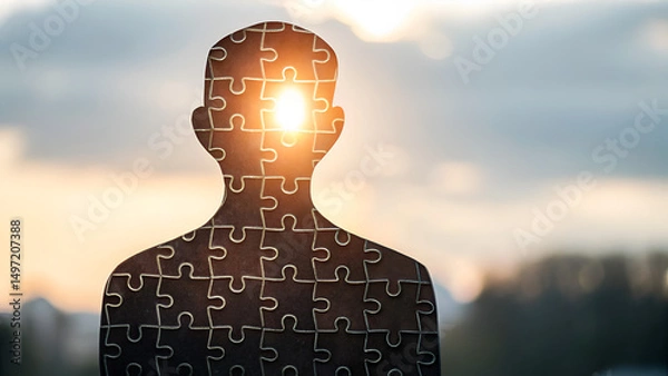 Fototapeta Autistic Adult Neurodivergent Sensory Silhouette of a person with a puzzle pattern, backlit by sunlight, symbolizing introspection and self-discovery.