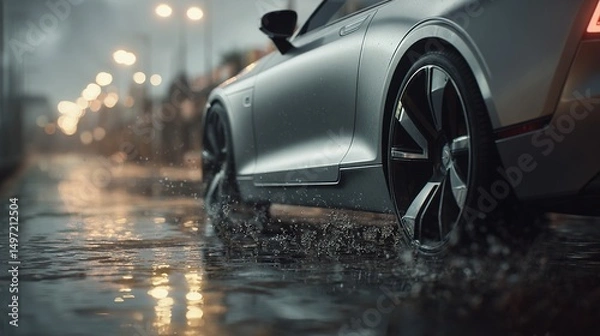 Fototapeta Sleek silver sports car tire immersed in a puddle of water, dynamic water droplets frozen in mid-air, cinematic lighting, ultra-realistic rendering