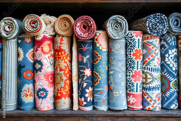 Obraz Colorful carpets rolled up and displayed on shelf in store