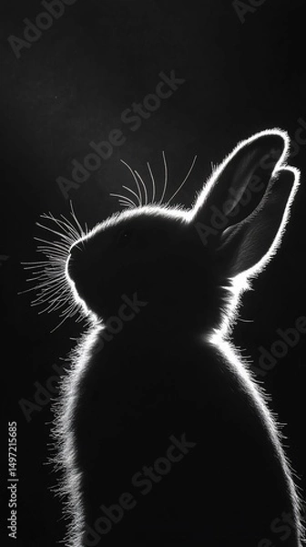 Fototapeta Silhouetted rabbit profile, illuminated whiskers, dark background.