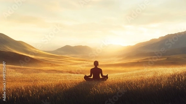 Fototapeta Silhouetted woman meditates in a serene, sunlit field at sunrise, mountains in background.