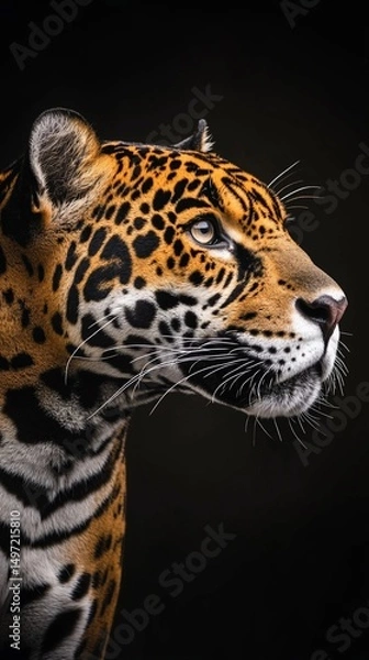 Fototapeta Close-up profile of a jaguar against a black background, showcasing its striking spots and intense gaze.