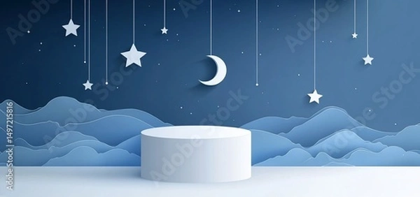 Fototapeta White cylindrical podium against a dreamy night sky backdrop with stars and moon.