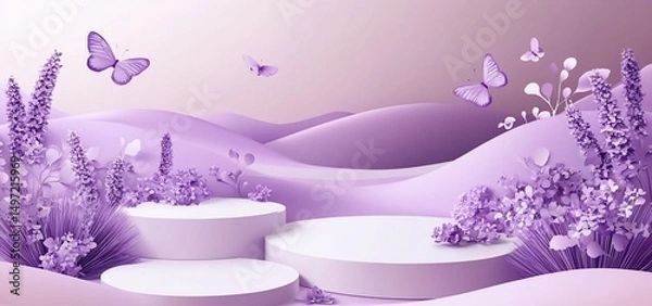 Fototapeta Lavender field with butterflies and three-tiered podium.