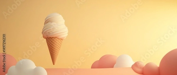 Fototapeta Creamy vanilla ice cream cone floats above pastel clouds against a yellow backdrop.