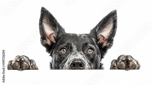 Fototapeta Curious dog peeking over white background, showing paws and head.