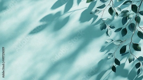Fototapeta Green leaves and shadows on a teal background.
