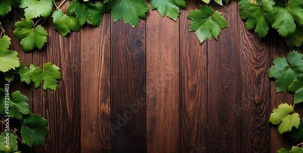 Fototapeta Lush green grape leaves frame dark brown wooden planks, ideal for text or product placement.