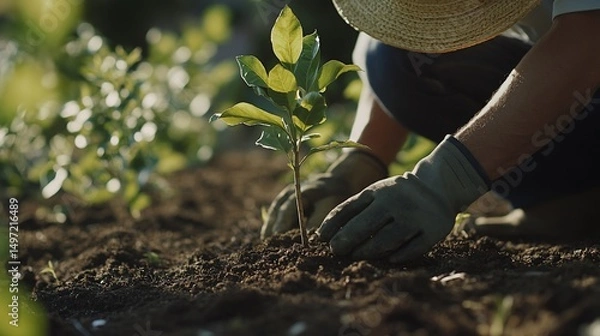 Fototapeta Person planting a small tree sapling in garden soil.