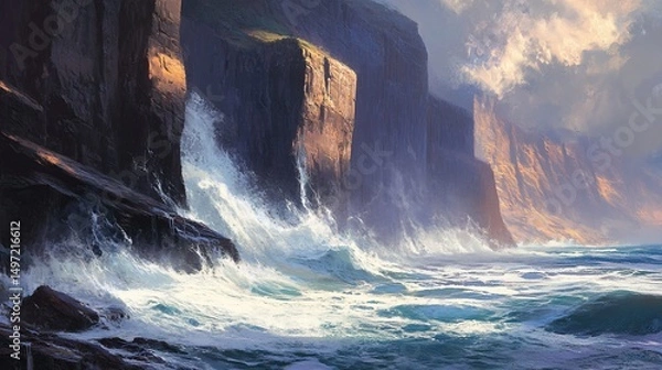 Fototapeta Dramatic ocean waves crashing against high cliffs, sunlight illuminating the scene.