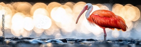 Fototapeta Scarlet Ibis standing in shallow water at sunset, bokeh background.