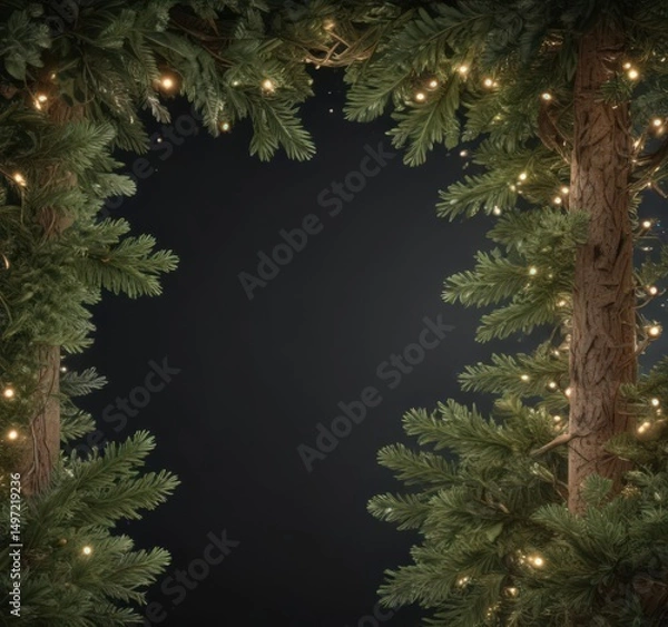 Fototapeta Endless loop of lush pine, garland, & twinkling lights ,  branch, christmas border,  border