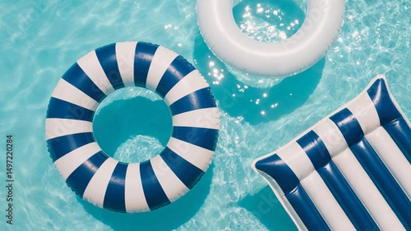 Obraz inflatable rings and mattress in white and navy blue colors.  Summer vacation, travel, tourism concept. 