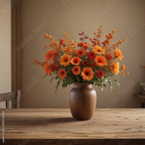 Fototapeta Rustic wood table, warm-toned autumn flowers in vase, bouquet, floral, wood