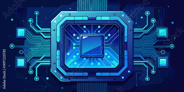Fototapeta Blue printed circuit board with glowing electronic chips representing high-tech computing and digital information systems
