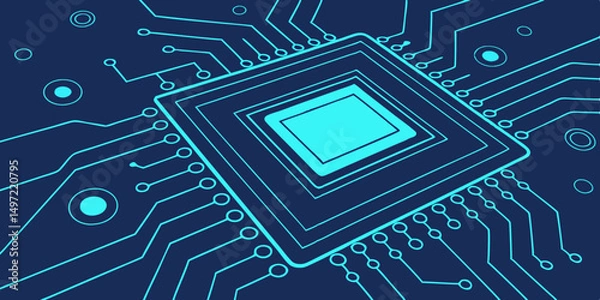 Obraz Blue printed circuit board background with computer chip pattern for digital technology and electronics design