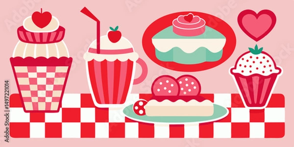 Obraz Vector birthday dessert illustration with cute strawberry and chocolate cupcakes and cakes