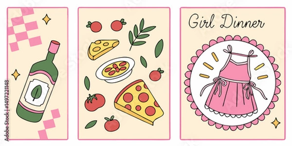 Obraz A cute hand-drawn seamless vector illustration pattern set of apple, fruit, and food icons, perfect for a vintage Italian restaurant or sweet collection design