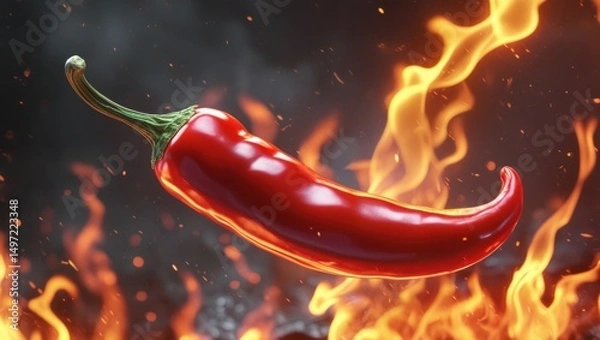 Fototapeta A single red chili pepper is suspended in mid-air, surrounded by a blazing inferno. The pepper appears to be floating above the flames, creating a dramatic and surreal image.	
