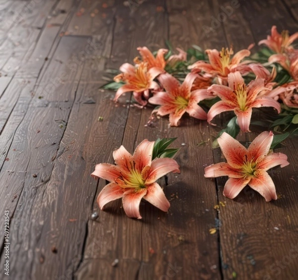Fototapeta Vibrant lily blossoms scattered on wood surface  ,  style,  texture,  macro