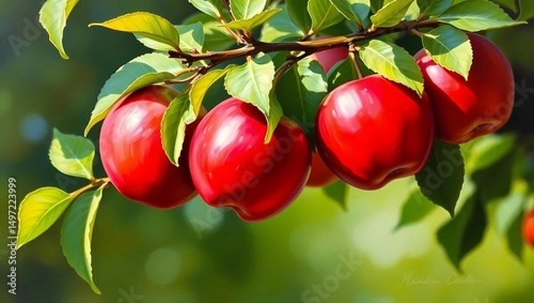 Fototapeta Cluster of ripe reds  apples  , growing on a tree branch, surrounded by lush green leaves, captured in bright natural light in the open air. 