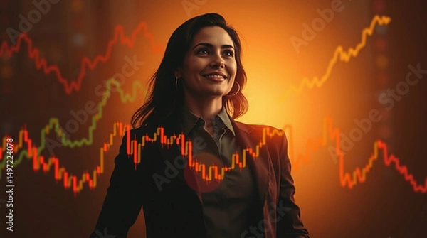 Fototapeta Confident businesswoman stands with smile against glowing background with colorful stock market charts, symbolizing success and financial growth in trading