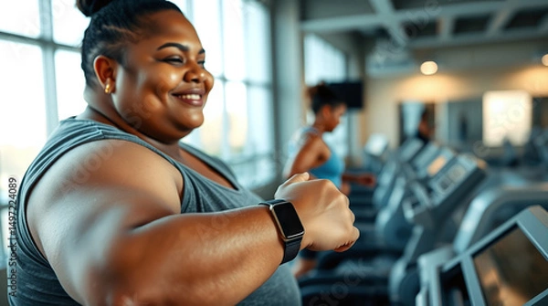 Fototapeta Plussize individual with warm and determined smile exercising on treadmill in bright gym with other people working out in background, showing motivation and fitness