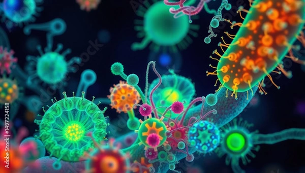 Fototapeta Colorful microscopic view of various virus and bacteria shapes with detailed structures, vibrant colors, and glowing effects, illustrating thriving microbial environment full of life and complexity