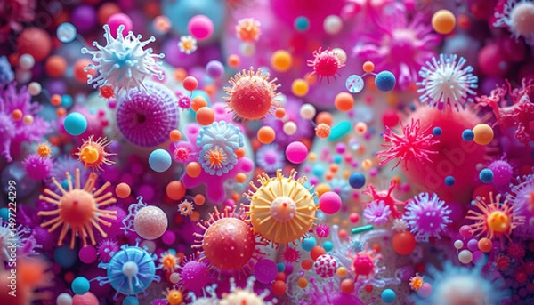 Fototapeta Colorful microscopic virus particles float in vibrant, dynamic environment, showcasing various shapes and textures with lively and energetic feel
