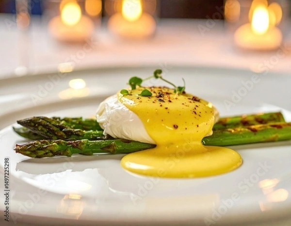 Fototapeta Poached egg with hollandaise sauce on grilled asparagus - elegant gourmet dish