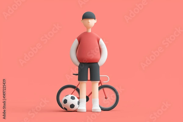 Fototapeta Miniature 3D man on bicycle with soccer ball, dynamic motion, vibrant rendering, modern athletic scene, abstract outdoor sports diorama, sleek digital figure, scaled model in action, energetic play
