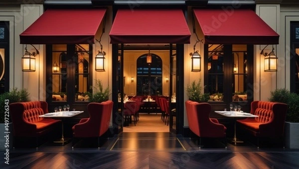 Fototapeta Elegant restaurant entrance at night, red awning, inviting seating	
