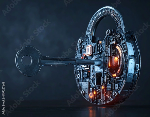 Fototapeta Futuristic tech padlock and key. Abstract cyber security concept, dark background. Great for digital safety, encryption, data protection or access control themes.