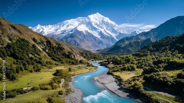 Fototapeta Breathtaking view of majestic mountains and lush trees in nature holiday travel destination vibrant sky
