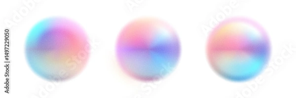 Fototapeta Iridescent gradation sphere with noisy texture. Pearlescent gradient mesh ball with grain pattern. Circular glowing object. Holographic paint blob. Vector illustration
